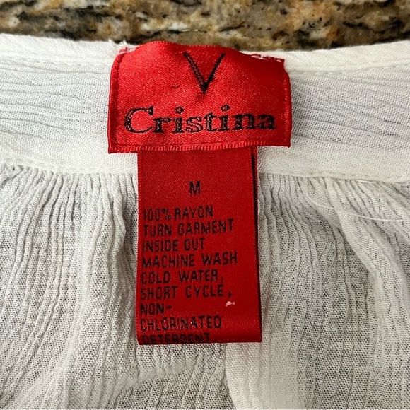 Christina V Women’s White Black Embroidered Boho Peasant Blouse Size M Sheer Top - Picture 7 of 9